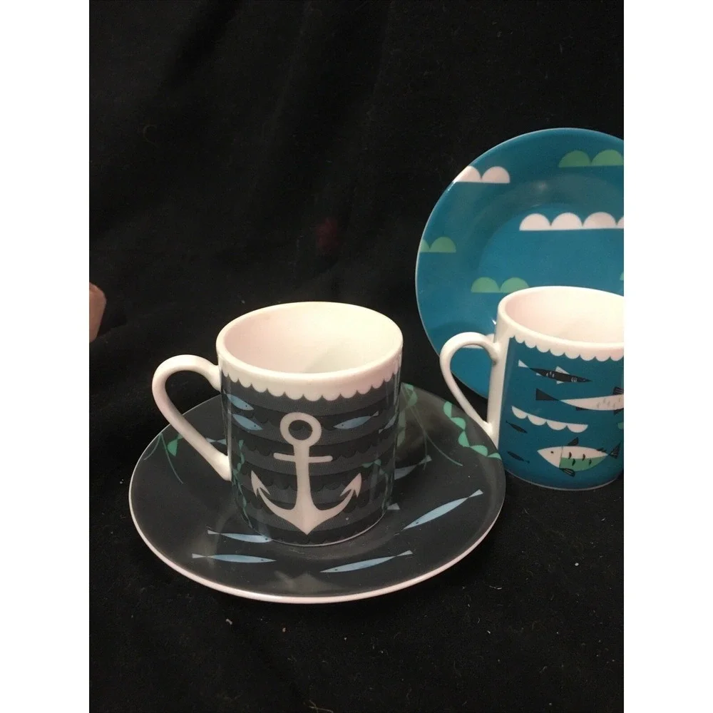 MAGPIE AHOY DESIGN, SET OF FOUR ESPRESSO NAUTICAL CUPS AND SAUCERS Teal
